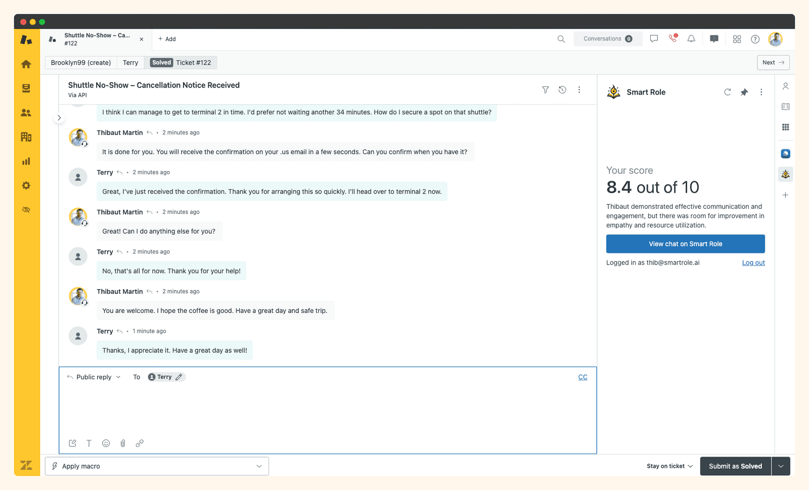 A Smart Role simulation scored inside the Zendesk agent workspace