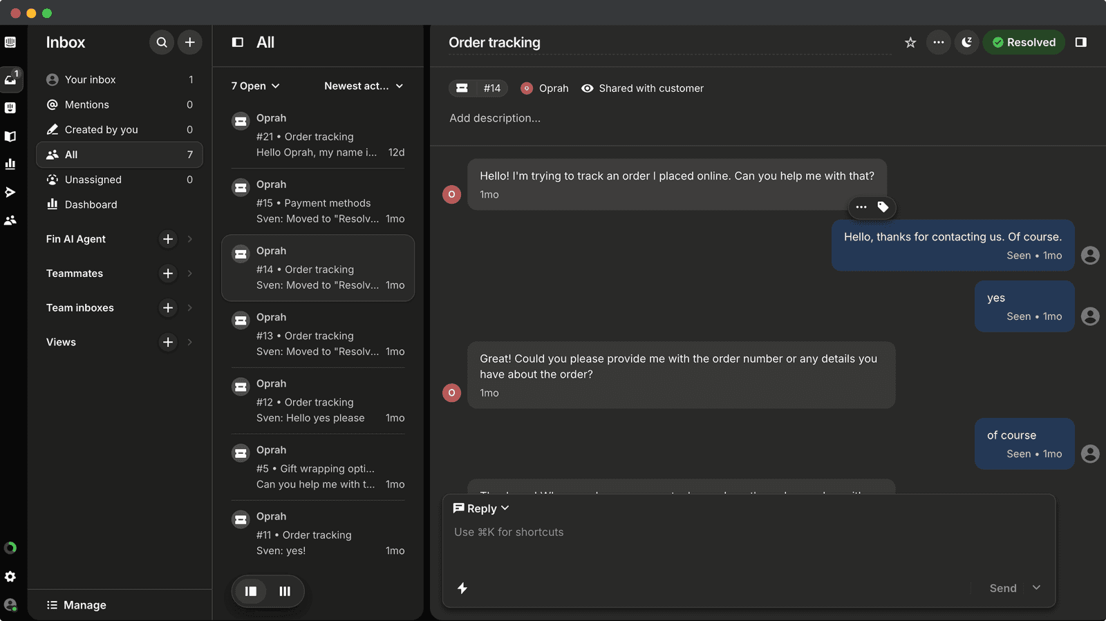 A Smart Role practice conversation inside the Intercom inbox