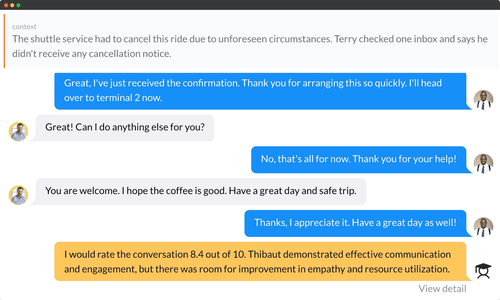 A travel support conversation scored in Smart Role